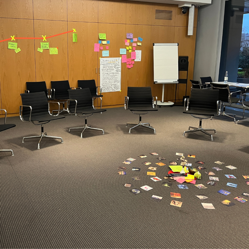 Ein bunt gestalteter Workshop-Raum mit Kreismitte aus bunten Bildern, Post-its an den Wänden und einer Agenda aus Tape: Teamentwicklung Workshop mal kreativ