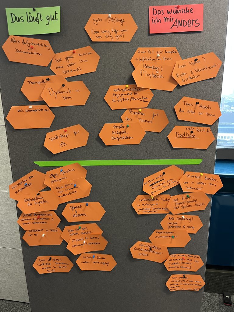 Post-its bei einer Retrospektive, die helfen, einen Teamkonflikt lösen zu können.