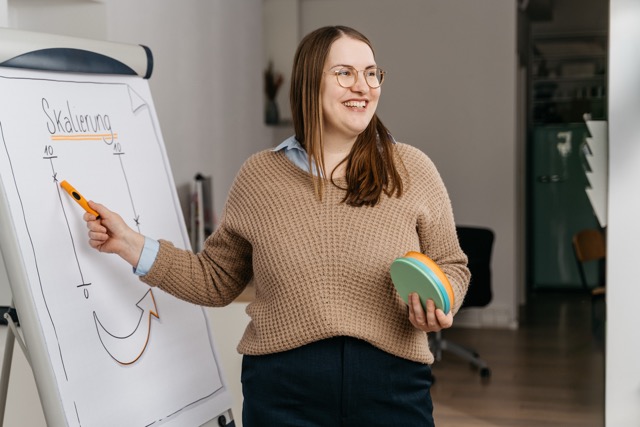 Lisa Schöffel steht am Flipchart beim Teamworkshop in Köln